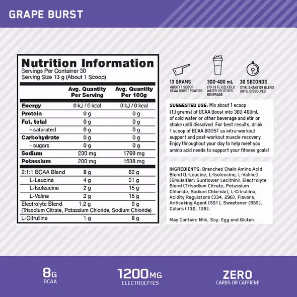 Optimum Nutrition BCAA Boost Grape 30 Serves Norge | ZKQJL5908