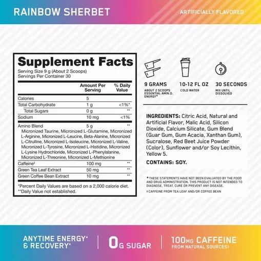 Optimum Nutrition ESSENTIAL AMIN.O. ENERGY® *new* Rainbow Sherbet - Notify Me 0.6 lb - Notify me Norge | ETWVL5317