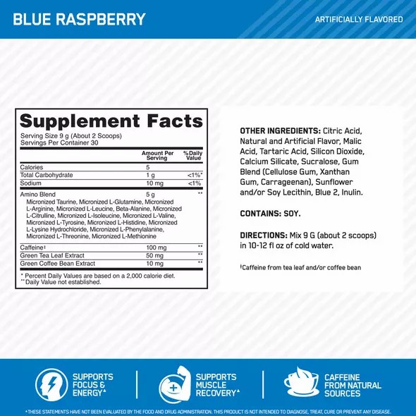 Optimum Nutrition ESSENTIAL AMIN.O. ENERGY® Blue Raspberry 0.6 lb (30 Servings) Norge | GZQIB3640