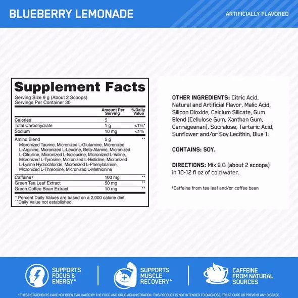 Optimum Nutrition ESSENTIAL AMIN.O. ENERGY® Blueberry Lemonade 0.6 lb (30 Servings) Norge | HSCNL8501