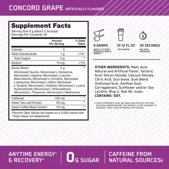 Optimum Nutrition ESSENTIAL AMIN.O. ENERGY® Concord Grape 0.6 lb (30 Servings) Norge | KTNVA7581