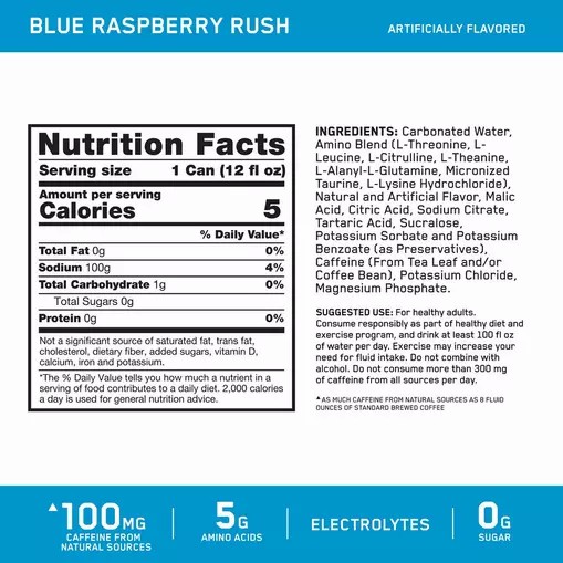 Optimum Nutrition ESSENTIAL AMIN.O. ENERGY+ Electrolytes Sparkling *new* Blue Raspberry Rush 355ml * 12 Cans (12 Servings) Norge | JRVYG4976