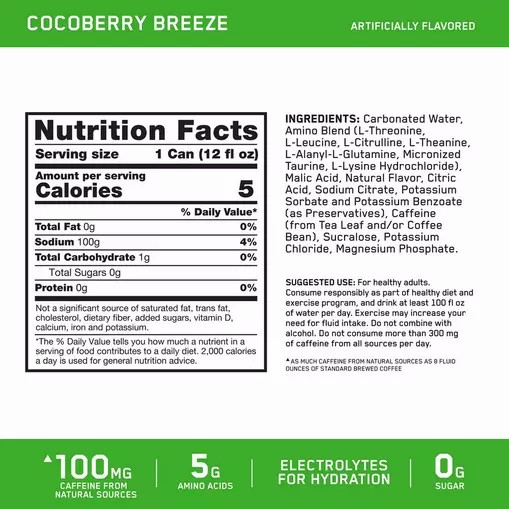 Optimum Nutrition ESSENTIAL AMIN.O. ENERGY+ Electrolytes Sparkling *new* Cocoberry Breeze 355ml * 12 Cans (12 Servings) Norge | ZDXKB4058