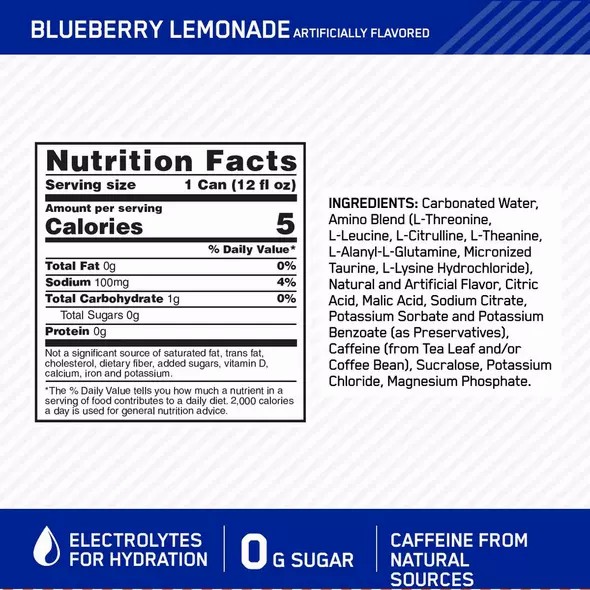 Optimum Nutrition ESSENTIAL AMIN.O. ENERGY+ Electrolytes Sparkling Blueberry Lemonade 355ml * 12 Cans (12 Servings) Norge | BXKRL6819