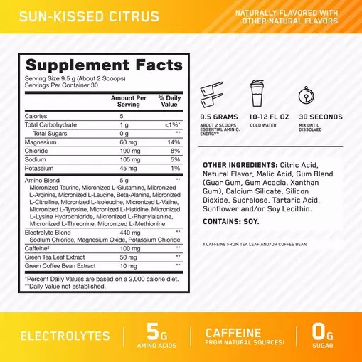 Optimum Nutrition Essential AMIN.O. ENERGY + Electrolytes *new* Sun-kissed Citrus 0.63 lb (30 Servings) Norge | WVEXA4085