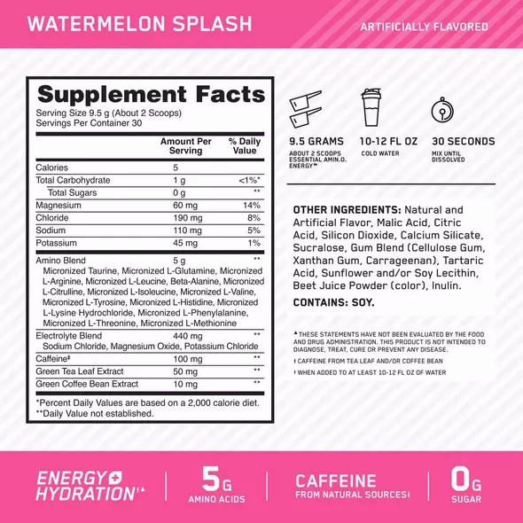 Optimum Nutrition Essential AMIN.O. ENERGY + Electrolytes Watermelon Splash 0.63 lb (30 Servings) Norge | PXTBM3789