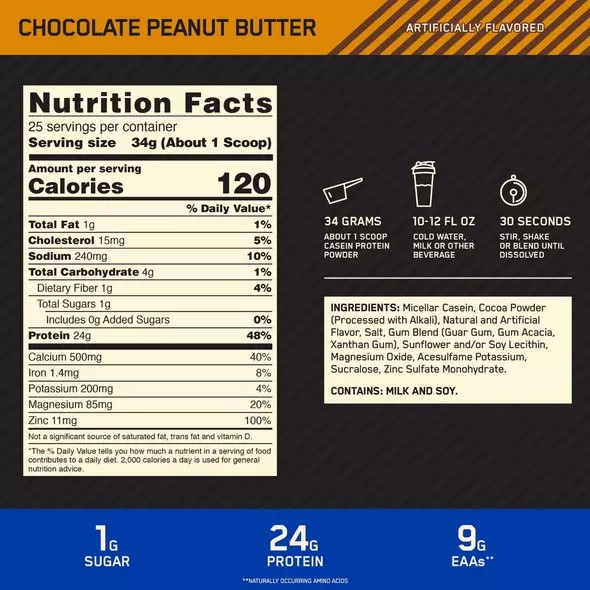 Optimum Nutrition GOLD STANDARD® 100% Casein Chocolate Peanut Butter 2 lb (25 Servings) Norge | BJNUF2748