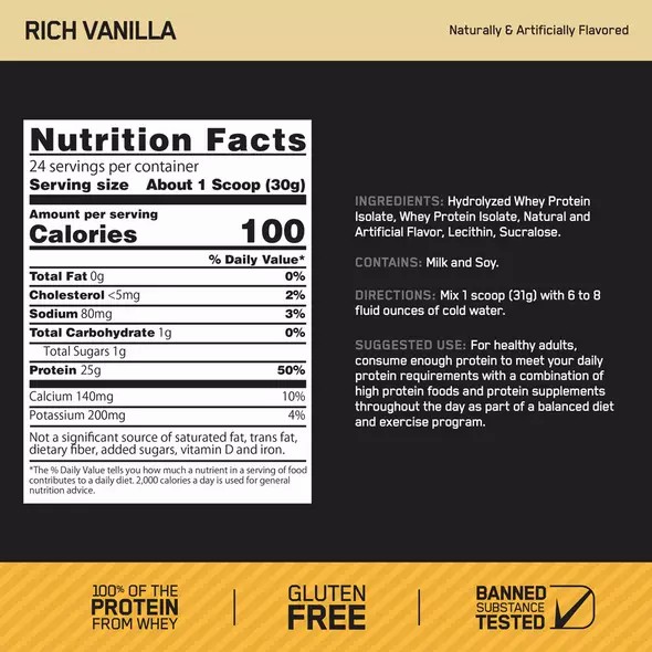 Optimum Nutrition GOLD STANDARD® 100% Isolate Rich Vanilla 2.91 lb (44 Servings) Norge | TFPRQ7980