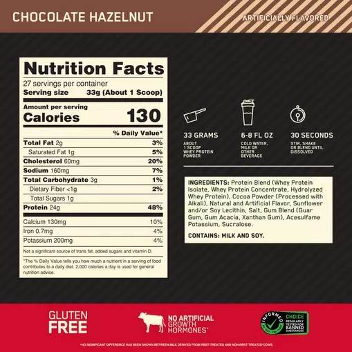 Optimum Nutrition GOLD STANDARD 100% WHEY™ Chocolate Hazelnut 2 lb (27 Servings) Norge | PQVAD6413