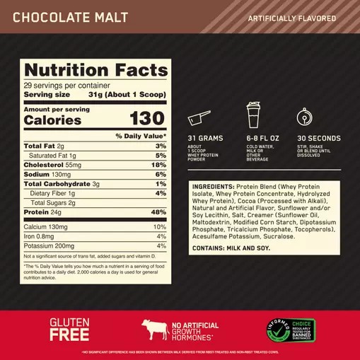 Optimum Nutrition GOLD STANDARD 100% WHEY™ Chocolate Malt 2 lb (29 Servings) Norge | ULFRE9431