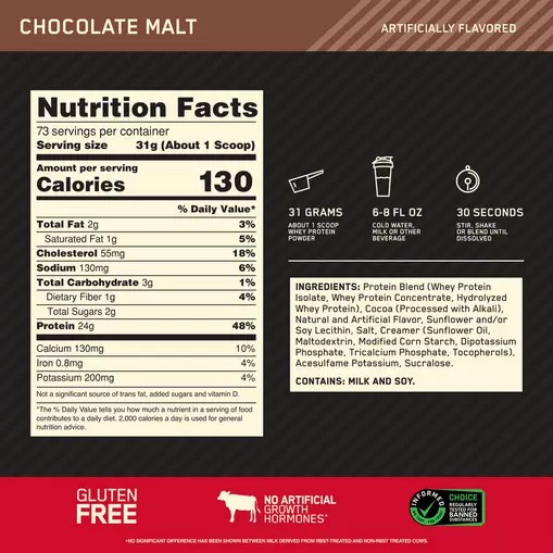 Optimum Nutrition GOLD STANDARD 100% WHEY™ Chocolate Malt 5 lb (73 Servings) Norge | LXVIG7368