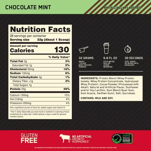 Optimum Nutrition GOLD STANDARD 100% WHEY™ Chocolate Mint 2 lb (28 Servings) Norge | YNCVD9503