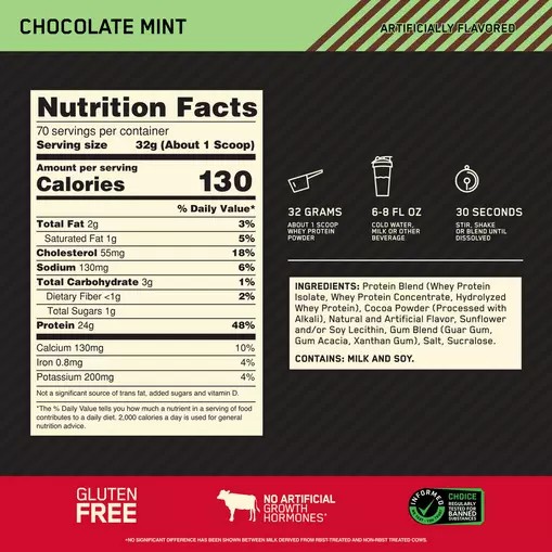 Optimum Nutrition GOLD STANDARD 100% WHEY™ Chocolate Mint 5 lb (70 Servings) Norge | WCHTP6984