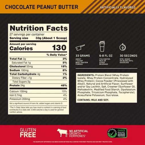 Optimum Nutrition GOLD STANDARD 100% WHEY™ Chocolate Peanut Butter 2 lb (27 Servings) Norge | RTBSG4071