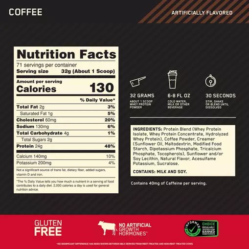 Optimum Nutrition GOLD STANDARD 100% WHEY™ Coffee 5 lb (71 Servings) Norge | RHTLZ3197