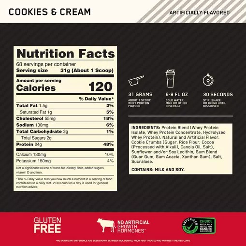 Optimum Nutrition GOLD STANDARD 100% WHEY™ Cookies & Cream 5 lb (68 Servings) Norge | WSNFZ3051