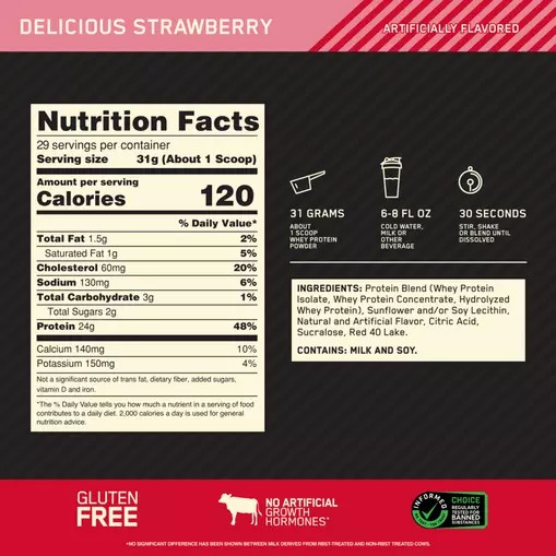 Optimum Nutrition GOLD STANDARD 100% WHEY™ Delicious Strawberry 2 lb (29 Servings) Norge | TBKHX3918