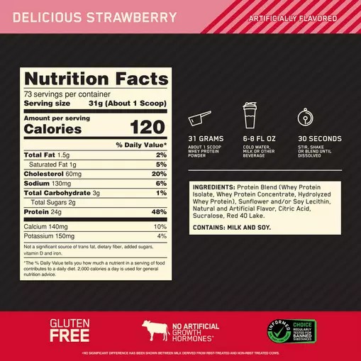 Optimum Nutrition GOLD STANDARD 100% WHEY™ Delicious Strawberry 5 lb (73 Servings) Norge | PRQHN7310