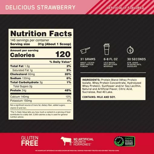 Optimum Nutrition GOLD STANDARD 100% WHEY™ Delicious Strawberry 10 lb (146 Servings) Norge | BZEOP3092