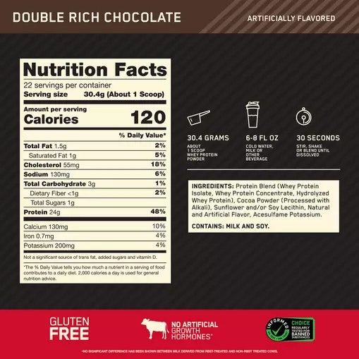 Optimum Nutrition GOLD STANDARD 100% WHEY™ Double Rich Chocolate 1.5 lb (22 Servings) Norge | YEXKG9218