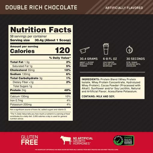 Optimum Nutrition GOLD STANDARD 100% WHEY™ Double Rich Chocolate 4 lb (58 Servings) Norge | ZKTUJ8062