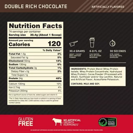 Optimum Nutrition GOLD STANDARD 100% WHEY™ Double Rich Chocolate 5 lb (74 Servings) Norge | GNJLD2648