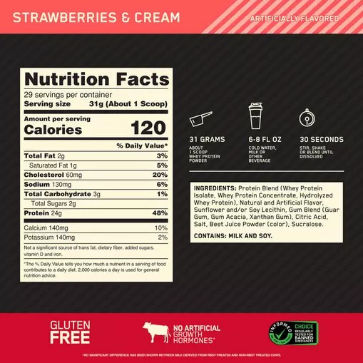 Optimum Nutrition GOLD STANDARD 100% WHEY™ Strawberries & Cream 2 lb (29 Servings) Norge | ONGXD4783