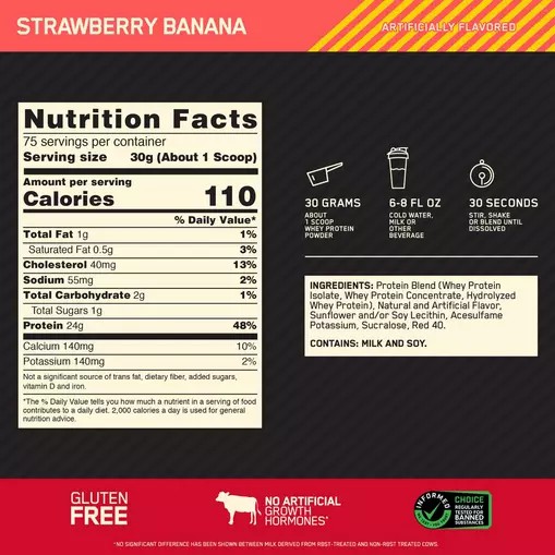 Optimum Nutrition GOLD STANDARD 100% WHEY™ Strawberry Banana 5 lb (75 Servings) Norge | SFMXE3267