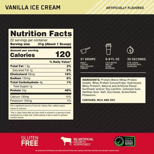 Optimum Nutrition GOLD STANDARD 100% WHEY™ Vanilla Ice Cream 1.5 lb (22 Servings) Norge | ROPFT7123