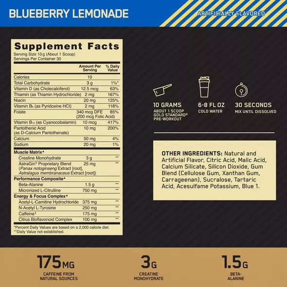 Optimum Nutrition GOLD STANDARD® Pre-Workout Blueberry Lemonade 0.66 lb (30 Servings) Norge | KSTVD0873