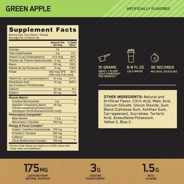 Optimum Nutrition GOLD STANDARD® Pre-Workout Green Apple 0.66 lb (30 Servings) Norge | JDAZR8751