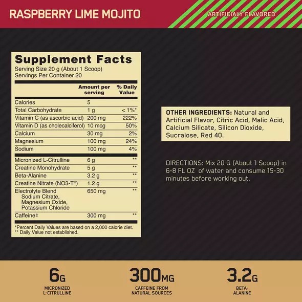 Optimum Nutrition GOLD STANDARD® Pre Advanced Raspberry Lime Mojito 0.88 lb (20 Servings) Norge | OQHTF0548