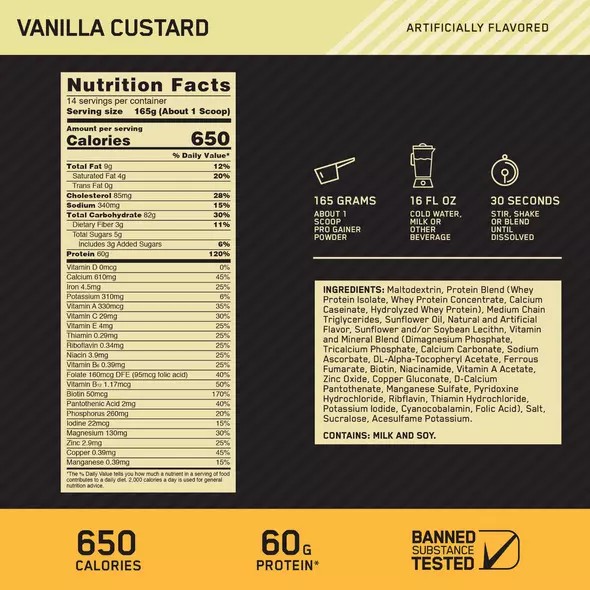 Optimum Nutrition GOLD STANDARD® Pro Gainer Vanilla Custard 10.19 lb (28 Servings) Norge | APRZM5782