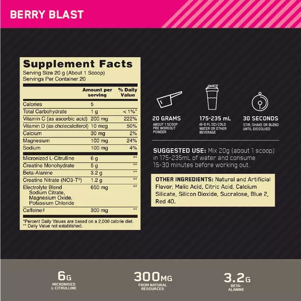 Optimum Nutrition Gold Standard Pre Advanced Berry Blast 20 Serves Norge | MALPN8179