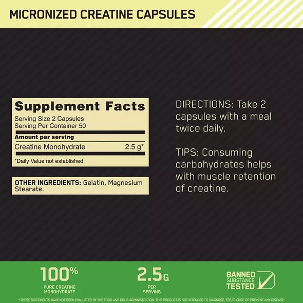 Optimum Nutrition Micronized Creatine Capsules 100 Capsules (50 Servings) Norge | OGLFB0762