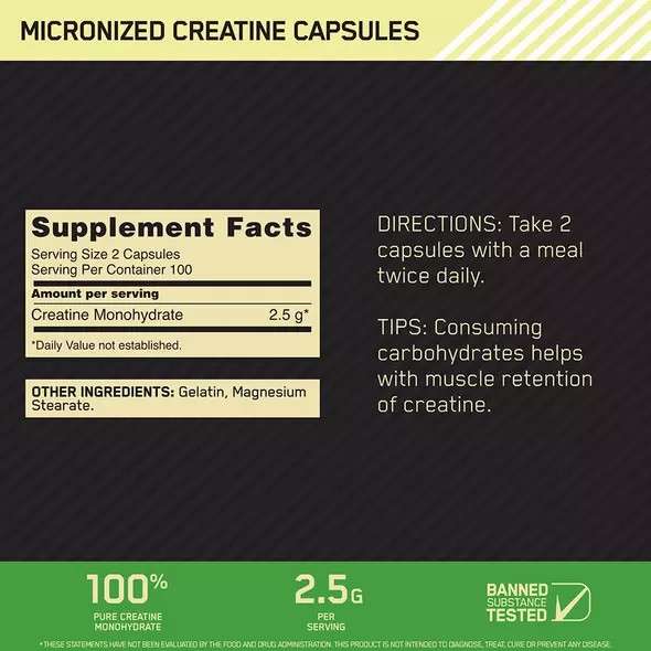 Optimum Nutrition Micronized Creatine Capsules 200 Capsules (100 Servings) Norge | YKRUX2860