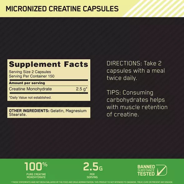 Optimum Nutrition Micronized Creatine Capsules 300 Capsules (150 Servings) Norge | NYVRM2486