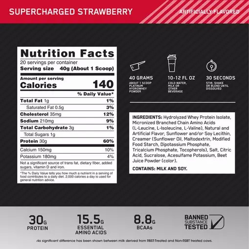 Optimum Nutrition PLATINUM HYDROWHEY™ Supercharged Strawberry 1.76 lb (20 Servings) Norge | XILUJ3871