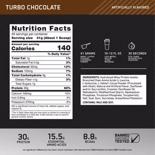 Optimum Nutrition PLATINUM HYDROWHEY™ Turbo Chocolate 3.61 lb (40 Servings) Norge | CAWOE3850