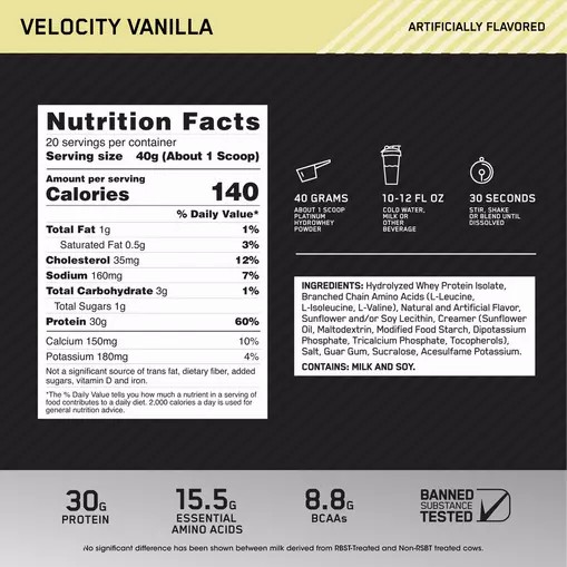 Optimum Nutrition PLATINUM HYDROWHEY™ Velocity Vanilla 1.76 lb (20 Servings) Norge | TXOVU6853