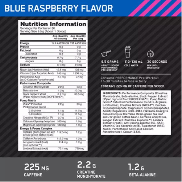 Optimum Nutrition Performance Pre-Workout Blue Raspberry 285g Norge | PAEGI1324