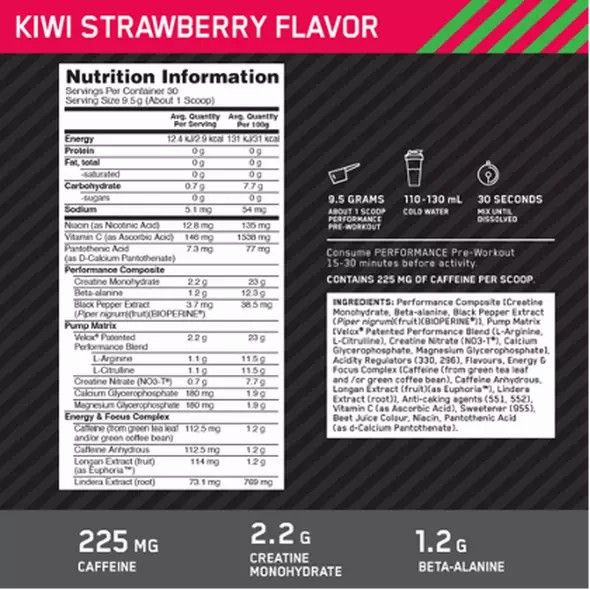 Optimum Nutrition Performance Pre-Workout Kiwi Strawberry 285g Norge | LOZMW7496