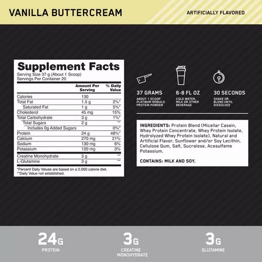 Optimum Nutrition Platinum Rebuild Vanilla Buttercream 1.63 lb (20 Servings) Norge | JVZIP8321