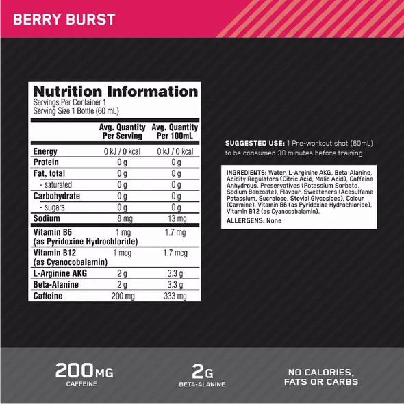 Optimum Nutrition Pure Pre 200 Pre-Workout Shot Berry 60ml (12 shots) Norge | ZOHYF6203