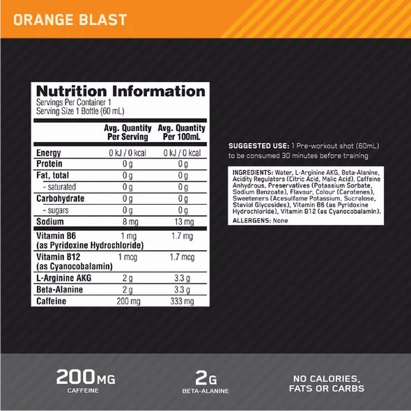 Optimum Nutrition Pure Pre 200 Pre-Workout Shot Orange 60ml (12 shots) Norge | PEBHS8617