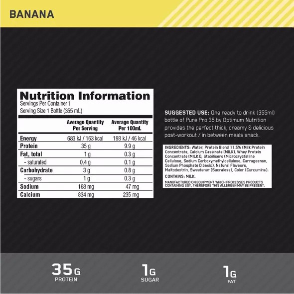 Optimum Nutrition Pure Pro 35 Banana 355ml (6 bottles) Norge | XMIYF0479