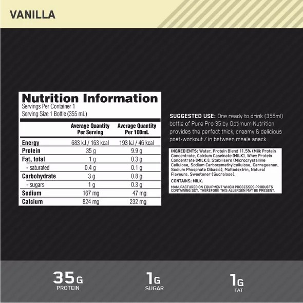 Optimum Nutrition Pure Pro 35 Vanilla 355ml (6 bottles) Norge | UGFOW8345