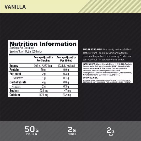 Optimum Nutrition Pure Pro 50 Vanilla 508ml (12 bottles) Norge | CVTRI5284